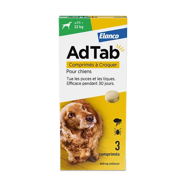 AdTab - Puces et Tiques - Chien de 11 à 22 kg - 450 mg - 3 Comprimés - ELANCO