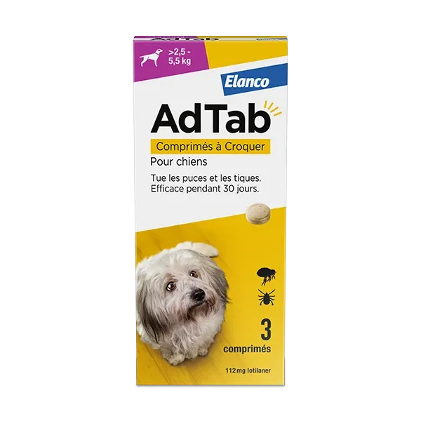 AdTab - Puces et Tiques - Chien de 2,5 à 5,5 kg - 112 mg - 3 Comprimés - ELANCO