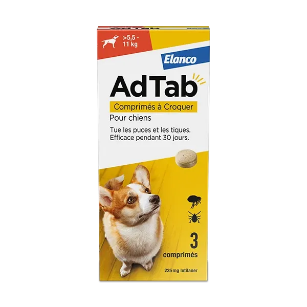 AdTab - Puces et Tiques - Chien de 5,5 à 11 kg - 225 mg - 3 Comprimés - ELANCO