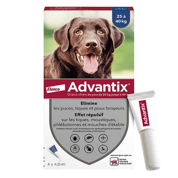 ADVANTIX Grand chien - Anti puce - 25 à 40 kg - 4,0 ml - 4 pipettes - ELANCO