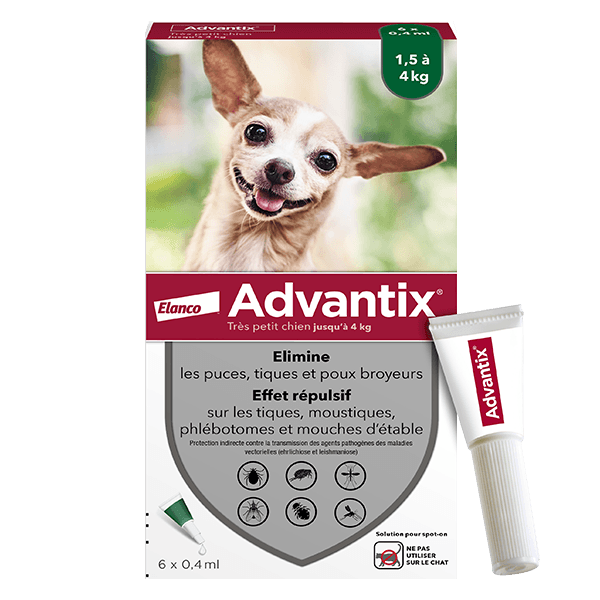 ADVANTIX Très petit chien - Anti puce - 1,5 kg à 4 kg - 0,4 ml - 6 Pipettes - ELANCO
