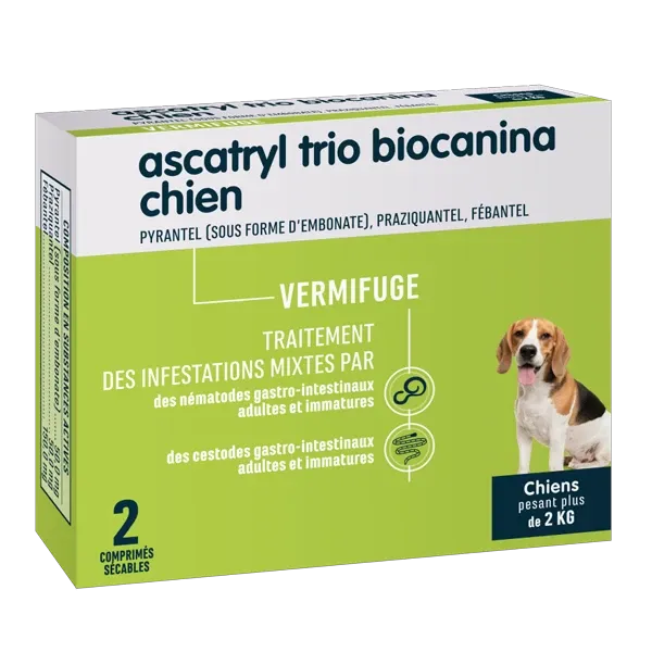 Ascatryl Trio - Vermifuge chien de 2 à 17,5 kg - 2 comprimés - BIOCANINA