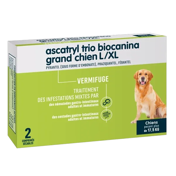 Ascatryl Trio - Vermifuge pour grand Chien L / XL - 2 comprimés - BIOCANINA