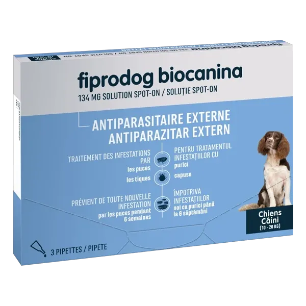 Fiprodog 134 mg - Antiparasitaire externe chien - 10 à 20 kg - 3 pipettes - BIOCANINA