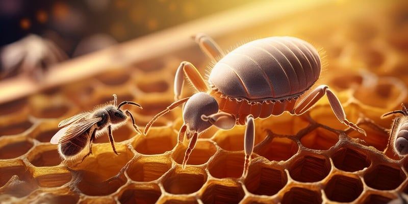 Image d'une mythe enface d'une abeille pour illustrer l'attaque du varroa et de la varroase sur une ruche