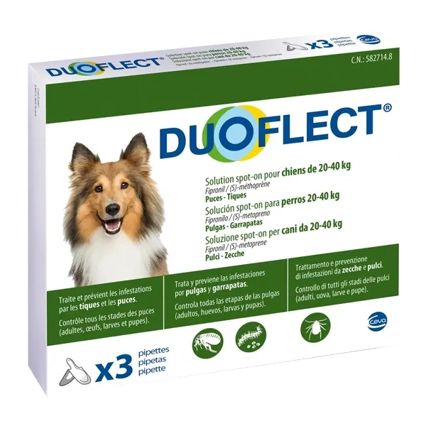 Duoflect - Ψύλλοι και τσιμπούρια σκύλου - 20 έως 40 kg - 3 πιπέτες - CEVA