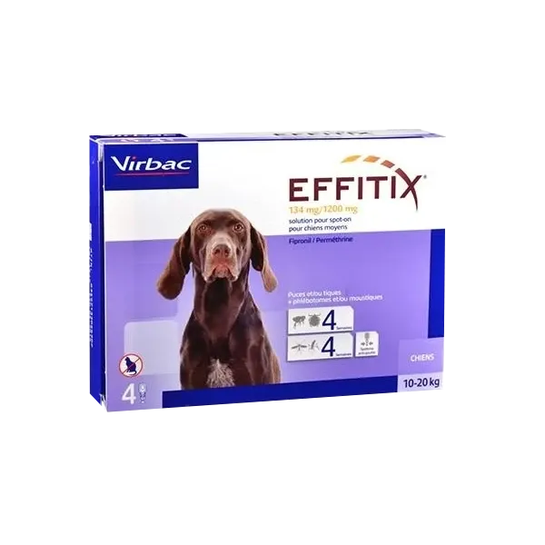 Effitix Spot on 134 mg/1200 mg - Anti-puces pour chien moyen - 4 pipettes - VIRBAC