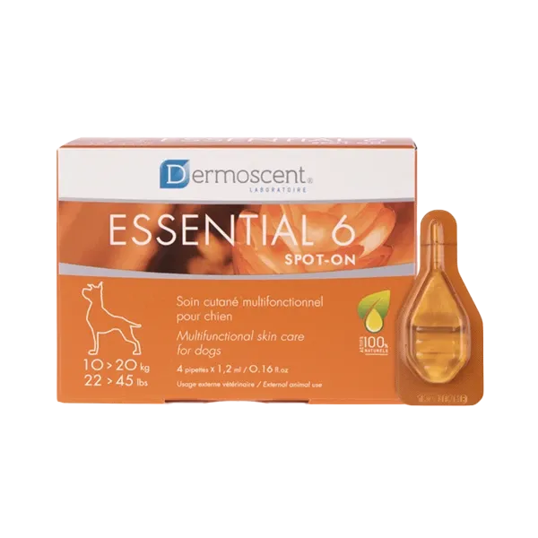 Essential 6 - Spot-on - 1,2 ml - 4 pipettes - Soin cutané - Chien - 10 à 20 kg - DERMOSCENT