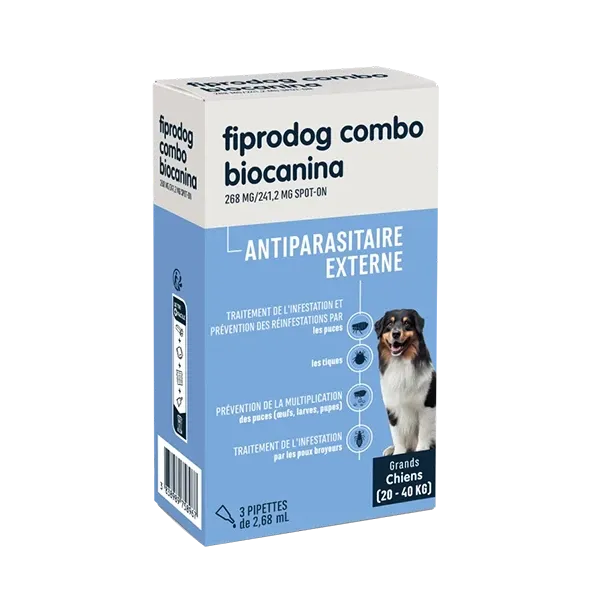 Fiprodog Combo 268 mg - antiparasitaire externe pour grands chiens - 20-40kg - 3 pipettes - BIOCANINA
