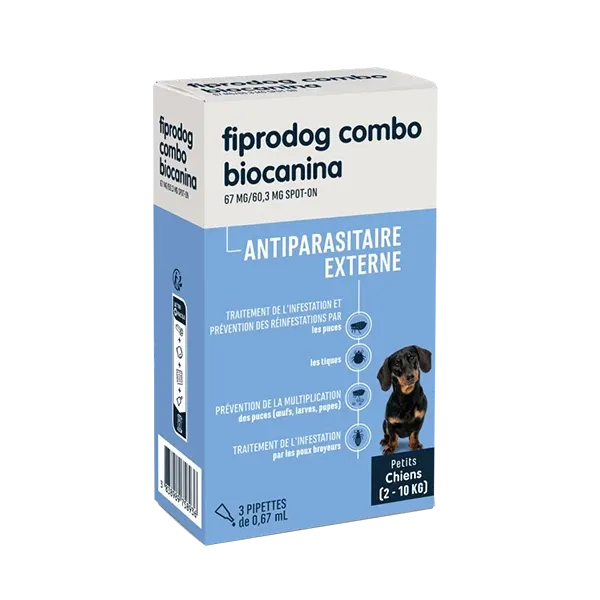 Fiprodog Combo 67 mg - antiparasitaire externe pour petits chiens - 2-10 kg - 3 pipettes - BIOCANINA