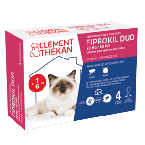 Fiprokil Duo - 50 mg / 60 mg - anti puces et tiques pour chat - 4 pipettes - CLÉMENT THÉKAN