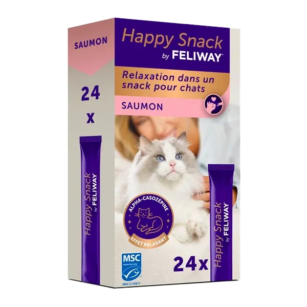 Happy Snack by Feliway Saumon - Friandises relaxantes pour chat - 24 sticks - CEVA