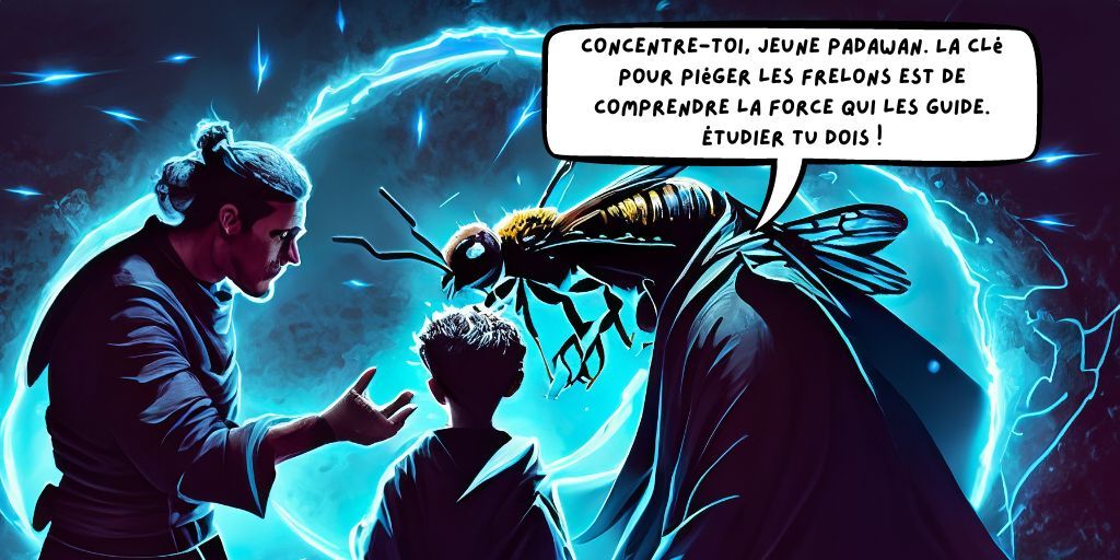 Maître Jedi montrant à un jeune Padawan comment utiliser la Force pour attirer le frelon dans un piège. Des éclairs bleus émanant de leurs mains concentrent l'énergie de la Force vers le piège, symbolisant la maîtrise et la sagesse dans la lutte contre les prédateurs nuisibles.