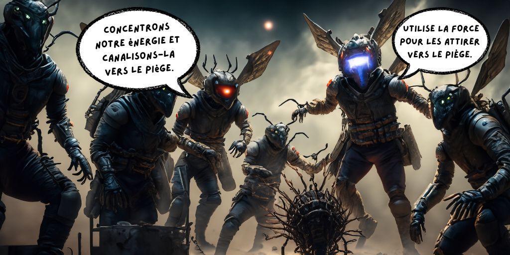 Une scène d'action où un groupe de personnages de Star Wars utilise une variété de pièges ingénieux pour capturer le frelon.