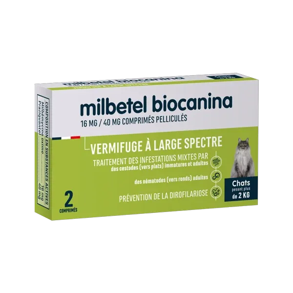Milbetel - Vermifuge Chat - Plus de 2 kg - 2 comprimés - BIOCANINA