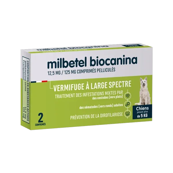 Milbetel Chien - Vermifuge chien - Plus de 5 kg - 2 comprimés - BIOCANINA