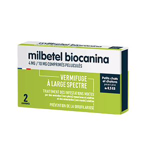 Milbetel Chaton et petit chat - Vermifuge - Plus de 0,5 kg - 2 comprimés - BIOCANINA