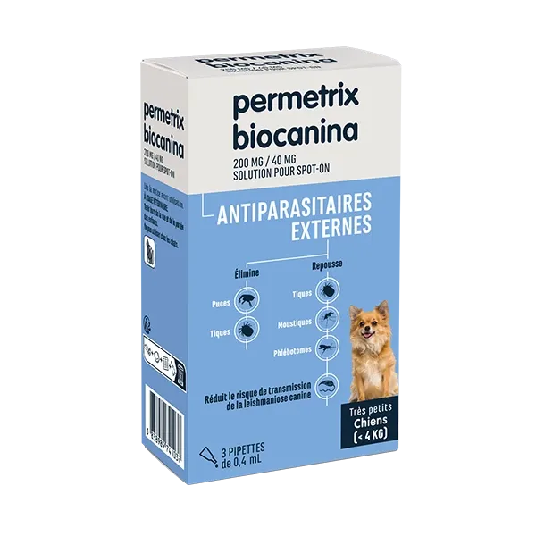 Permetrix - 200 mg / 40 mg - Antiparasitaire - Chien - moins de 4 kg - 3x0,4 ml - BIOCANINA