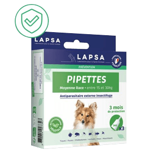 Pipettes antiparasitaires - Insectifuge - Chien - de 15 à 30 kg - 3 pipettes - LAPSA