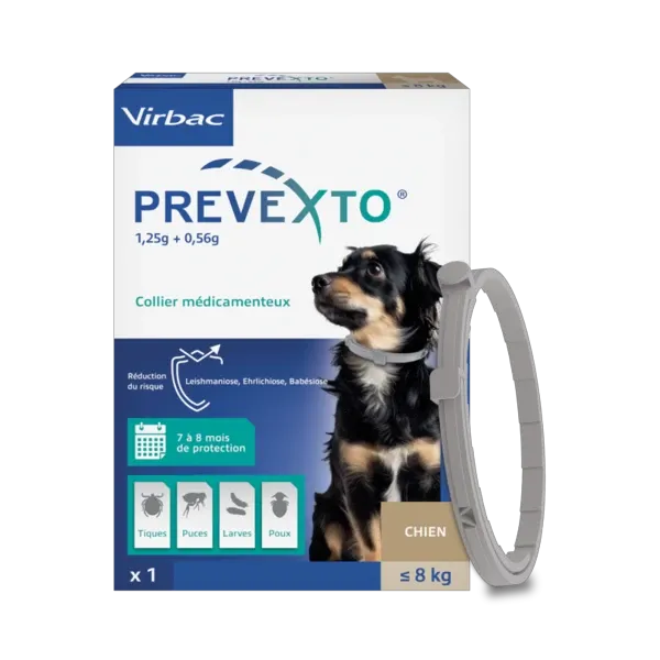 Prevexto - Αντιπαρασιτικό περιλαίμιο κατά ψύλλων και τσιμπουριών για σκύλους έως 8 kg - VIRBAC