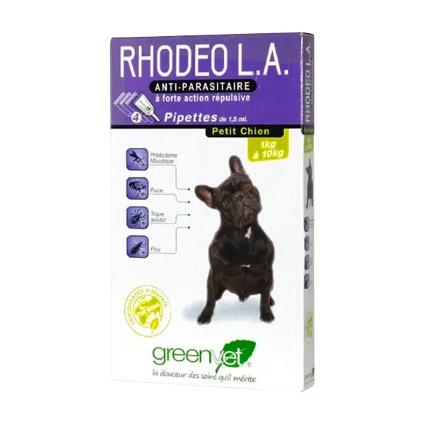 Rhodeo LA - 1,5 ml - Pipettes antiparasitaires pour chien - 1 à 10 kg - 4 pipettes - GREENVET