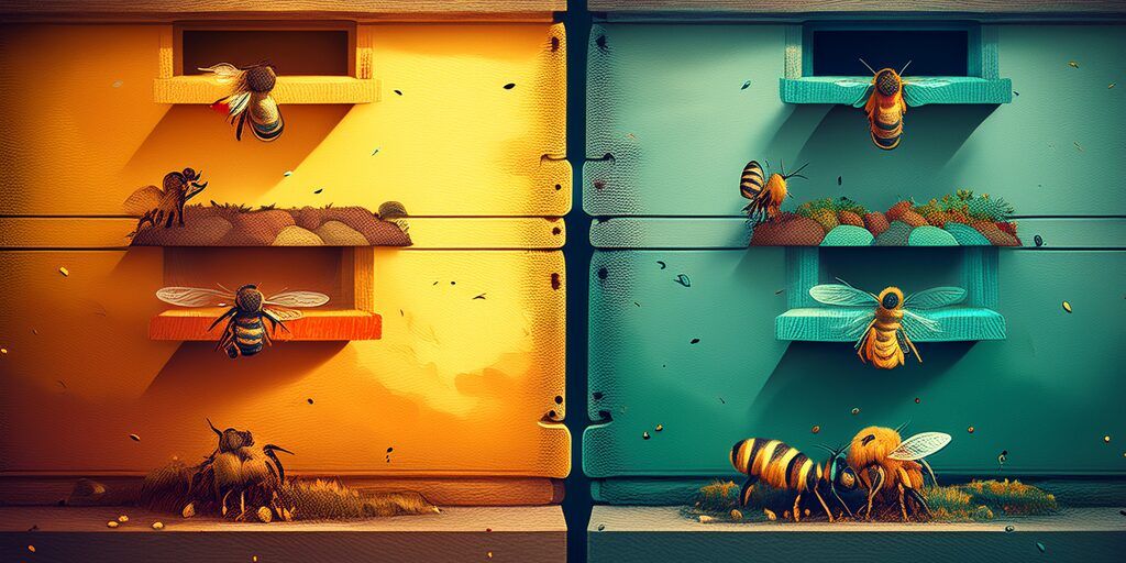 Image principale de l'article Comment se débarrasser du varroa ? avec deux ruches et des abeilles.
