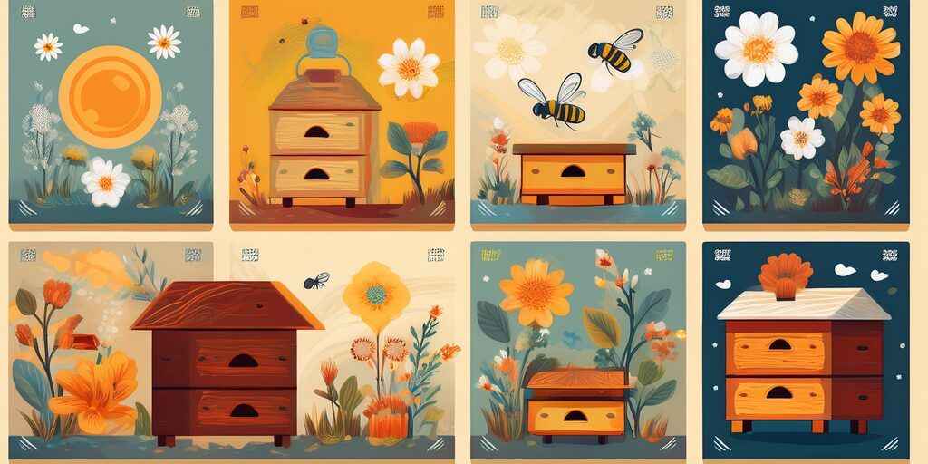 Première image de l'article Quand et comment traiter les ruches contre le varroa ? avec quatre ruches et des abeilles représentant les saisons