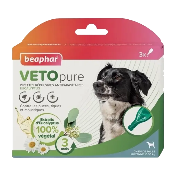 VETOpure - Pipettes répulsives antiparasitaires pour chiens moyens - 3 pipettes - BEAPHAR